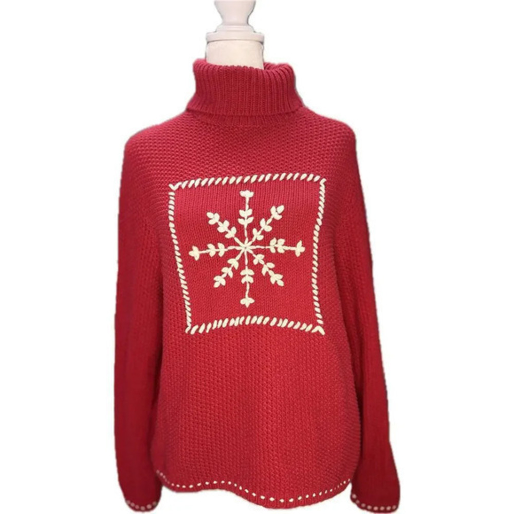 Ann Taylor Sweater knit Pullover‎ turtleneck ugly tacky holiday snowflake size M